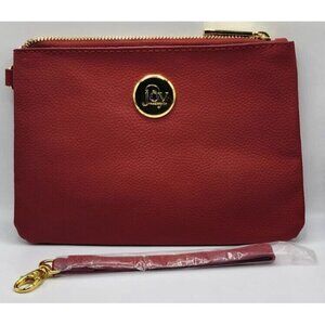 New Joy Mangano Brick Red Gold Tone Genuine Leather Zip Wristlet Burgundy Signed
